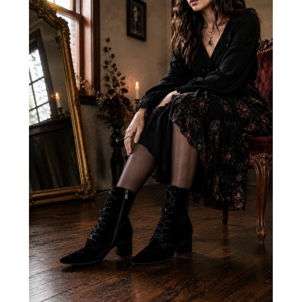 Black Velvet Victorian Lace Up Boots 12WW Pointed Toe Witchy Goth Comfortview